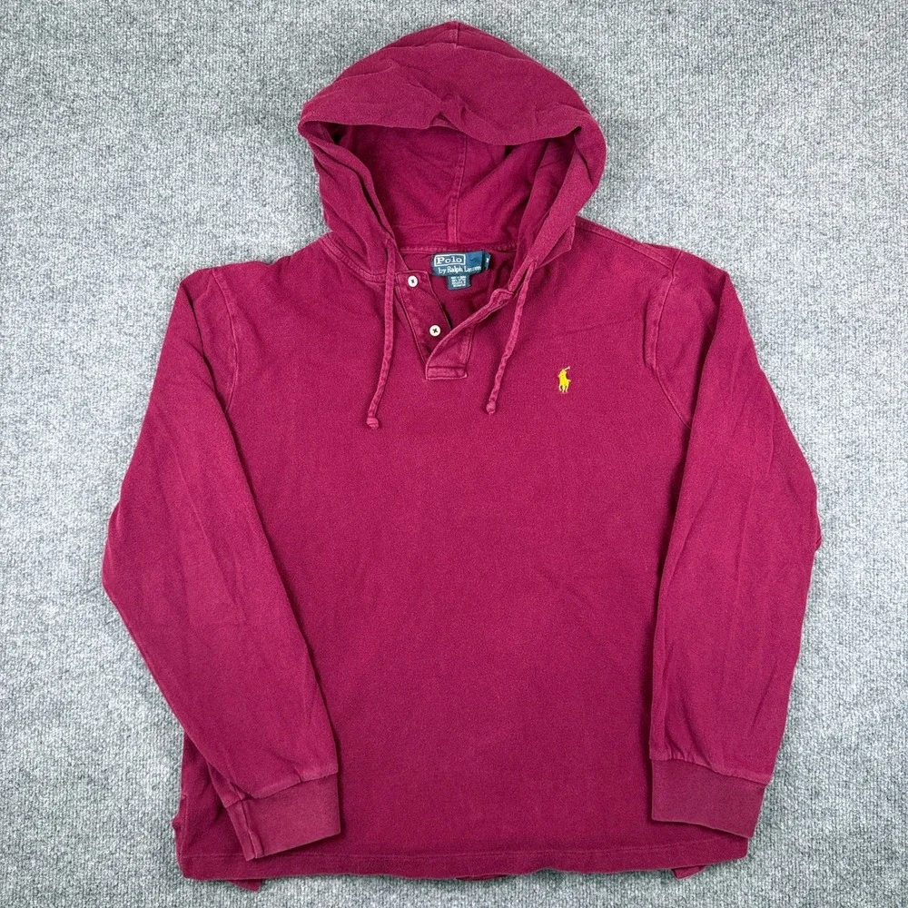 Polo Ralph Lauren Long Sleeve Hooded Polo Shirt Mens XL Maroon Henley Hoodie